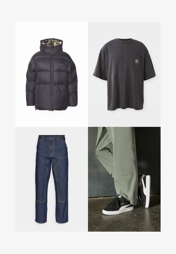 Crna puf jakna s patentnim zatvaračem, velikom kapuljačom i bočnim džepovima. Unutrašnjost sadrži kamuflažni uzorak. Napravljen od podstavljenog, izoliranog materijala.; Crna pamučna majica s kratkim rukavima, okruglim izrezom i džepom na lijevoj strani grudnog koša s kvadratnom oznakom. Jednostavan i neukrašen dizajn.; Tamno plave traperice s visokim strukom, ravnog kroja, kontrastnim šavovima i otvorenim džepovima sprijeda.; Crne nubuk tenisice s bijelim gumennim potplatima i bočnim trakama, uparene s svijetlozelenim cargo hlačama, stoje na teksturiranoj tamnoj površini.