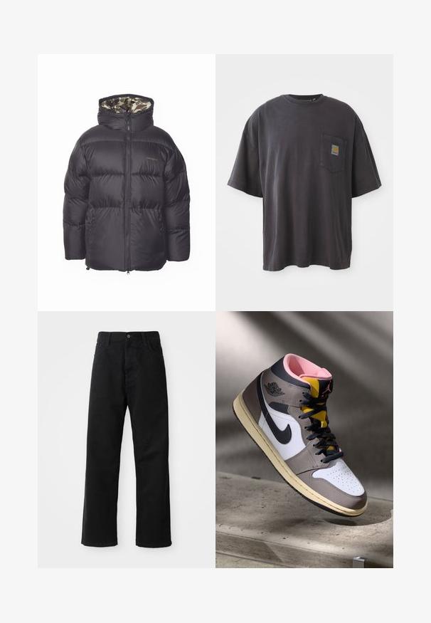 Black puffer jacket with a zippered front, large hood, and side pockets. Interior features a camouflage pattern. Made from quilted, insulated material.; Black cotton t-shirt with short sleeves, a round neckline, and a left chest pocket featuring a square logo patch. Simple and unembellished design.; Black denim pants with a straight cut, featuring front pockets, a zip fly, and a single top button. Textured fabric with a matte finish.; High-top Nike Air Jordan sneaker in white, grey, and black with pink interior and yellow tongue, positioned on a concrete surface.