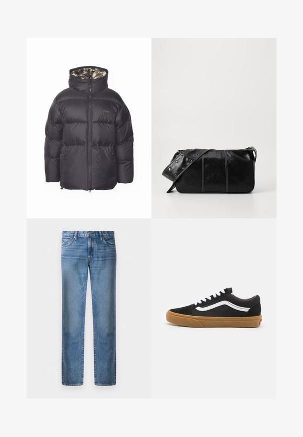 Črna napihnjena bunda z zadrgo spredaj, velikim kapucinom in stranskimi žepi. Notranjost ima vzorec v zeleno-rjavi kamuflaži. Narejena iz prešitih, izoliranih materialov.; Svetlo siva polo majica s dugim rukavima, izdelana iz mehkega materiala, s belim ovratnikom in štiri gumbi. Gladka tekstura, sproščen dizajn.; Svetlo modri denim kavbojki, ravno krojenje, pet žepov, kovinski gumb za zapiranje, zbledela tekstura z rahlim vzorcem obrabe spredaj.; Črne semiš superge z belim bočnim trakom, belimi vezalkami in gumijastim podplatom. Klasična nizka zasnova z teksturiranimi detajli in zaobljenim nosom.; Črna usnjena torba za ramo z zadrgo, ki ima teksturirano telo, belo šivanje in trak s srebrnimi luknjami.