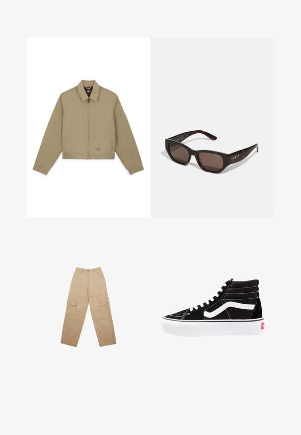 Khaki bomberska jakna z zadrgo spredaj, s koničastim ovratnikom, stranskimi žepi in žepom na levi rokavu; izdelana iz trpežnega bombažnega blaga.; Burgundska pletena kardiganska jakna z globokim V-izrezom, tremi velikimi gumbi in rebrasto teksturo z dolgimi rokavi in skrajšanim dizajnom.; Srajca z dolgimi rokavi, s sprednjim gumbom, v svetlo rožnati in beli črtasti vzorcu, s stranskimi gubanji in nastavljivimi vezalkami v pasu.; Bež hlače s cargo krojem, izdelane iz tkanine, z dvema sprednjima žepoma in sproščenim širokim krojem. Pas vključuje gumb in zadrgo.; Črne visoke superge z belimi vezalkami, belim logotipom in kontrastnim belim šivom. Imajo debel bel podplat in teksturirano usnje.; Želve barvane sončne očala z pravokotnimi rjavimi lečami. Sijajni plastični okvir ima zlate "vogue" oznake na strani.; Mehakna rjava torbica v hobo stilu z enim širokim trakom in ukrivljenim odprtjem na vrhu, prikazana na beli podlagi.