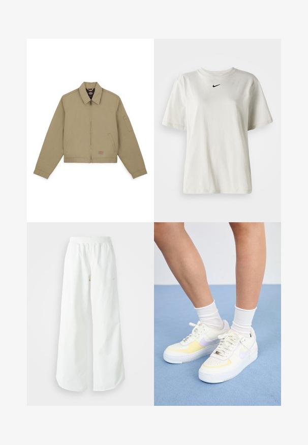 Chaqueta bomber caqui con cremallera frontal, cuello puntiagudo, bolsillos laterales y un bolsillo en la manga izquierda; fabricada con una resistente tela de algodón.; Camiseta de algodón blanca con cuello redondo y mangas cortas. Presenta un pequeño logotipo negro de Nike en el pecho. Diseño sencillo y sin adornos.; Pantalones deportivos blancos de pierna ancha con una cinturilla acanalada y un sutil detalle de logo. Tela suave con un ajuste relajado y dobladillo ajustado.; Zapatillas de cuero blancas con acentos amarillos y lavanda, punta redonda, cordones planos y suela de goma texturizada. Llevadas con calcetines blancos.