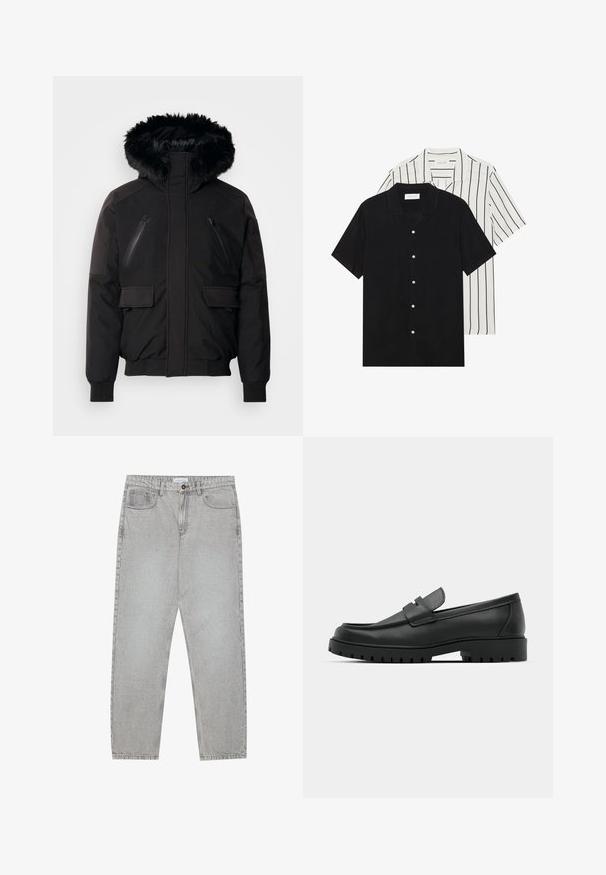 Fekete szigetelt dzseki műszőrme kapucnival, cipzáras mellzsebekkel és oldalsó flapos zsebekkel. Rugalmas mandzsetták és alsó szegély a kényelmes illeszkedés érdekében.; Két rövid ujjú ing: az egyik egyszínű fekete, a másik fehér fekete függőleges csíkokkal. Mindkettő gombos záródással és klasszikus gallérral rendelkezik.; Világosszürke farmernadrág egyenes szabással, öt zsebes stílusban, gombos záródással. Látható varrások az illesztéseknél.; Fekete bőr loafer cipők kerek orral, varrott mintázattal, alacsony platformtalpú és texturált, barázdált gumitalppal.