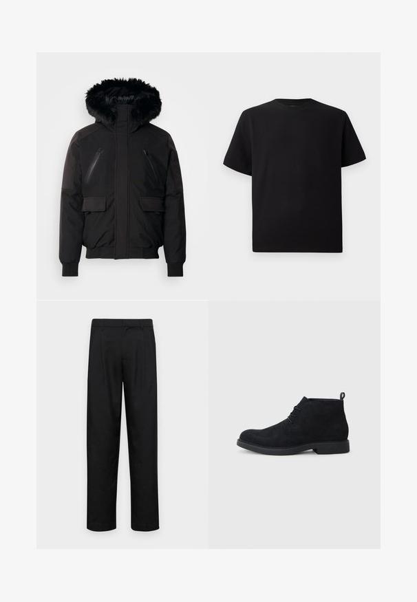 Čierna izolovaná bunda s kapucňou z umelej kože, so zipsovými vreckami na prsiach a bočnými klopovými vreckami. Má elastické manžety a spodný lem pre tesné priliehanie.; Čierne tričko s krátkym rukávom vyrobené z textúrovanej látky, s okrúhlym výstrihom a voľným strihom. Jednoduché, bez vzorov alebo akcentov.; Čierne nohavice vyrobené z hladkej tkaniny, s rovnými nohavicami, dvoma prednými skladmi a štandardným pásom s pútkami na opasok.; Čierne semišové členkové topánky s okrúhlym špičkou, šnurovací dizajn a textúrovaná gumová podrážka. Obsahujú malý pútko na zadnej strane.