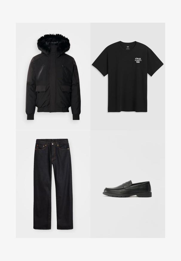 Čierna izolovaná bunda s kapucňou z umelej kože, so zipsovými vreckami na prsiach a bočnými klopovými vreckami. Má elastické manžety a spodný lem pre tesné priliehanie.; Čierne bavlnené tričko s potlačou na hrudi, ktorá znie "DOMÁCE RASTLINY" v bielej štýlovej typografii s "Levi's" nižšie. Klasický strih s okrúhlym výstrihom.; Pánske rovné čierne riflové nohavice s piatimi vreckami a oranžovým prešívaním, s gombíkom a zipsom na prednom páse.; Čierne kožené mokasíny s hladkým povrchom, vrchnou časťou v štýle mokasín, prešitým detailom a gumovou podrážkou. Klasický dizajn s nízkym podpätkom.
