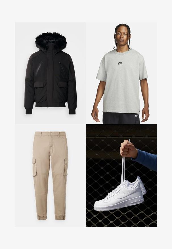 Juodas izoliuotas švarkas su dirbtinės odos gobtuvu, užtraukiamomis krūtinės kišenėmis ir šoninėmis kišenėmis su atvartu. Savybės – elastingi rankogaliai ir apdaila, užtikrinantys tvirtą prigludimą.; Jaunas žmogus su pintomis plaukomis, vilkintis šviesiai pilką Nike marškinėlį ir juodus Nike šortus, priešais vientisą baltą foną.; Bežiniai cargo kelnės iš lengvos medvilnės. Su elastingais užtrauktukais, keliais šoniniais kišenėmis ir mygtukų uždarymu.; Balti odiniai sportiniai bateliai su perforacijomis, apvalia nosimi, plokščiu padu ir storomis raištelėmis, su matomu swoosh logotipu ir "AIR" ant kulno.