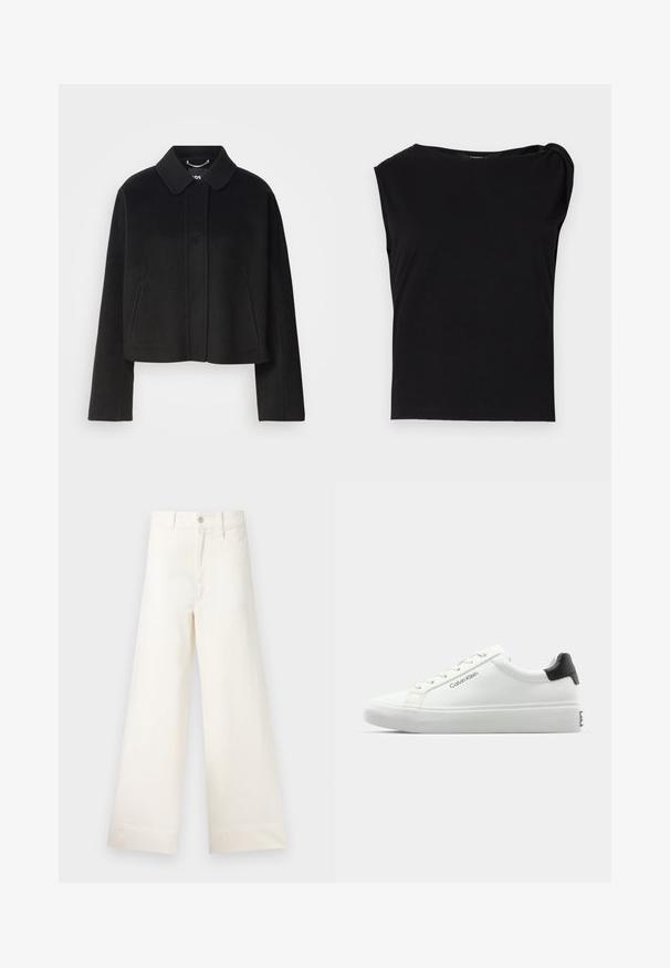 Casaco preto cropped com colarinho, fecho de botão e mangas compridas. Feito de tecido suave com costuras mínimas e sem enfeites visíveis.; Top preto de manga curta feito de tecido suave. Apresenta um decote redondo e detalhe drapeado no ombro. Design simples e ajustado.; Calças largas em algodão bege claro. Apresentam uma cintura alta, bolsos frontais e um corte reto. Acabamento de bainha limpo, sem padrões.; Sapatilha branca com acabamento liso, detalhe preto no calcanhar e design com atacadores. Apresenta a marca "Calvin Klein" na lateral. Estilo minimalista.