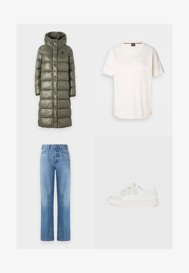 Blauer BELLEVUE - Zimní kabát - verde pigna/beige; Bílý bavlněný tričko s krátkým rukávem, kulatým výstřihem a malým logem na hrudi. Hladká textura a rovný lem.; Světle modré džíny z denimu s rovnými nohavicemi, vysokým pasem, pěti kapsami a viditelným šitím. Textura je hladká a klasická.; Bílé tenisky s hladkým koženým svrškem, třemi suchými zipy na nártu, zaoblenou špičkou a robustní světlou gumovou podrážkou.