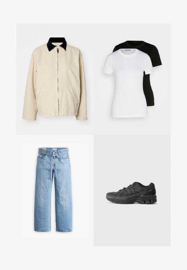 Weekday BELLE WASHED JACKET - Lengva striukė - dusty beige; Du grietos rankovės T-marškiniai juodos ir baltos spalvos. Pagaminti iš lygaus medvilnės, su klasikine apvalia iškirpte ir įprastu pritaikymu.; Šviesiai mėlyni džinsai su plačiomis kojomis, aukštu juosmeniu, sagomis ir užtrauktuku, taip pat su raišteliu juosmens srityje. Neapdorotas apdailos kraštas.; Juodi bėgimo bateliai su tinklelio viršumi, paminkštintu apykakle, sintetiniais akcentais ir tekstūruotu padu su matomais amortizacijos elementais.