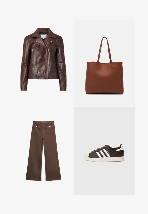 Smeđa kožna motoristička jakna s iščupanim ovratnikom, dva zatvorena prednja džepa i prilagođenim oblikom. Glatka tekstura s minimalnim metalnim dodacima.; Bijela pletena džemper s visokim ovratnikom, rebrastom teksturom i balon rukavima. Kratak kroj s strukiranim manžetama. Jednostavan, jednobojni dizajn.; Smeđe široke hlače od pamuka, s dva prednja džepa sa srebrnim dugmadima i glatkom teksturom.; Niska Adidas Superstar tenisica od tamnobraon kože s krem školjkastim vrhom, bijelim prugama i natpisom "Superstar" sa strane.; Smeđa kožna torba preko ramena s glatkom teksturom, otvorenim vrhom i dvjema naramenicama. Ima minimalne šavove i nema vidljivog hardvera.
