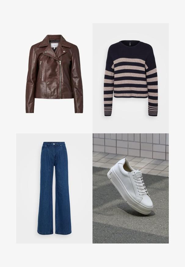 Ruda odinė motociklininko striukė su įpjovimu ant apykaklės, dviem užtrauktuku uždaromais priekiniais kišenėmis ir prigludusiu dizainu. Lygus paviršius su minimaliais aksesuarais.; Jūrinė ir smėlio spalvos dryžuota megztinis su šonkauliuota tekstūra, apvaliu iškirpimu ir numestu pečių dizainu; pasižymi horizontalių ir vertikalių dryžių raštais.; Mėlynos plačios džinsinio audinio kelnės su aukšta juosmens linija, priekyje mygtukas ir užtrauktukas, bei priekinės ir užpakalinės kišenės prieš paprastą foną.; Balti odiniai sportbačiai su žemu dizainu, plokščiais raišteliais, apvaliu pirštu ir tekstūruotomis šoninėmis dalimis. Storas guminis padas su subtiliais akcentais.