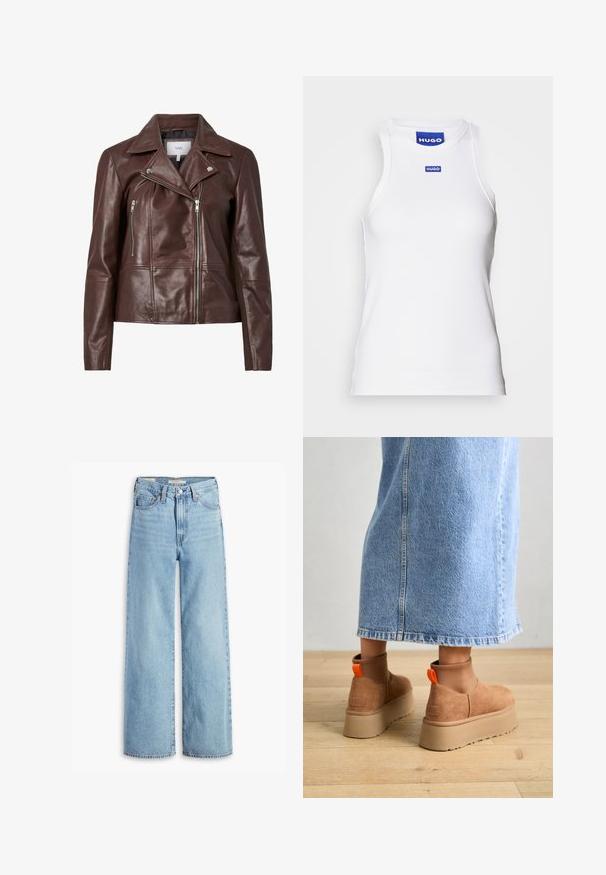 Jachetă de motocicletă din piele maro, cu guler zvâcnit, două buzunare frontale cu fermoar și un design ajustat. Textură netedă cu hardware minim.; Top fără mâneci de culoare albă, realizat din țesătură răsucită, cu un decolteu rotund și un label albastru "HUGO" aproape de guler. Textură netedă.; Blugi cu talie înaltă, de culoare albastru deschis, cu croi larg, prevăzuți cu nasture și fermoar la față, bucle pentru curea și un stil cu cinci buzunare.; Botine maro din suede cu platformă, cu panouri elastice pe laterale și mânere portocalii, asortate cu o fustă din denim deschis până la genunchi, pe un podea din lemn.