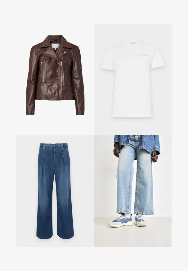 Brūna ādas motociklu jaka ar iecirtītu apkakli, divām rāvējslēdzēju kabatām priekšā un pieguļošu dizainu. Gluda tekstūra ar minimālu detaļu skaitu.; Balts kokvilnas T-krekls ar apaļu kaklu, īsām piedurknēm un kreisajā krūtī esošu kabatu. Tam ir neliels melns uzraksts "REPLAY EST 1981".; Platākā kāju džinsi vidēji zilos toņos. Satur pogu aizdari, divus priekšējos krokus un kontrastējošas šuves. Mīksta tekstūra un gluda apdare.; Zilas džinsu platās kājas bikses apvienotas ar zilām un krēmkrāsas sporta apaviem, kas izceļas ar teksturētu audumu un auklām, fona ir neitrāls.