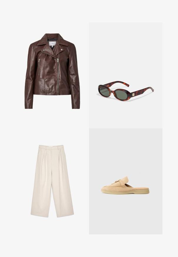Hnedá kožená moto bunda s klopaným golierom, dvoma zipsovými prednými vreckami a prispôsobeným strihom. Hladká textúra s minimálnymi kovovými prvkami.; Biela tričká s krátkym rukávom vyrobené z hladkej tkaniny, s okrúhlym výstrihom a jemnými švami na leme.; Béžové nohavice s širokými nohavicami a skladkami, s hladkým povrchom a pútkami na opasok. S prevládajúcim strihom, ktorý ponúka voľný strih okolo nôh.; Béžová semišová obuv na sklz s okrúhlou špičkou, dekoratívnym prešívaním a zlatým prvkom. Plochá podrážka a mäkké vnútorné opletenie.; Okuliare s korytnačími škrupinami s tmavými sklami, oválnym tvarom a širokými ramenami. Majú malý zlatý akcent na boku. Hladký plastový materiál.; Biela kabelka s zakrivenou siluetou, štruktúrovaná koža, zlaté kovania a odnímateľný popruh s logom a detailom pracky.