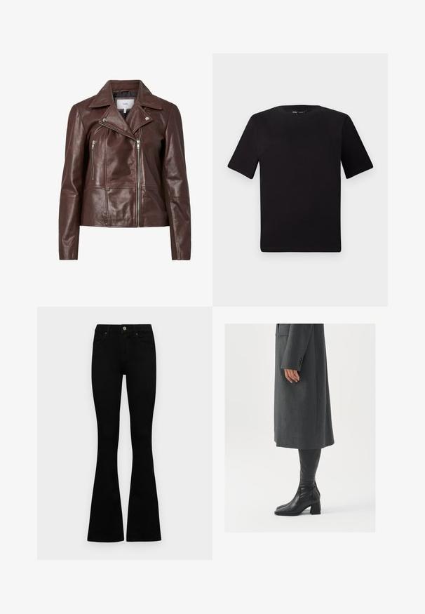 Brown leather motorcycle jacket with a notched collar, two zippered front pockets, and a fitted design. Smooth texture with minimal hardware.; Black short-sleeve t-shirt with a round neckline, crafted from soft cotton fabric. Simple design, no visible logos or patterns.; Black high-waist jeans with a button and zip closure, front pockets, and flared legs laid flat on a white background.; Gray, tailored overcoat with a straight cut; paired with knee-high black leather boots featuring a square toe and chunky heel.