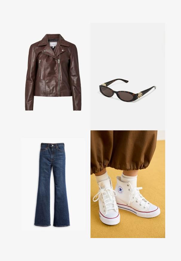 Braune Leder-Motorradjacke mit abgestepptem Kragen, zwei Reißverschlusstaschen auf der Vorderseite und einer taillierten Passform. Glatte Textur mit minimalem Zubehör.; Zwei Langarmoberteile. Eines weiß und eines schwarz, beide aus leichtem Baumwollstoff mit einem weit ausgeschnittenen Bootsausschnitt und schmaler Passform.; Hochtaillierte dunkelblaue Jeans mit ausgestellten Beinen, Vorderknopf- und Reißverschluss sowie Fünf-Taschen-Design.; Weißer Canvas-High-Top-Sneaker mit Gummisohle, ausgestattet mit silbernen Ösen, rotem und blauem Besatz sowie einem runden Logo am Knöchel.; Schildpatt-Sonnenbrille mit länglich-ovalen Gläsern, braunem Farbton, goldenen Logo-Akzenten an den Bügeln und schlanken schwarzen Bügeln.; The North Face PACK UNISEX - Gürteltasche - black/asphalt grey