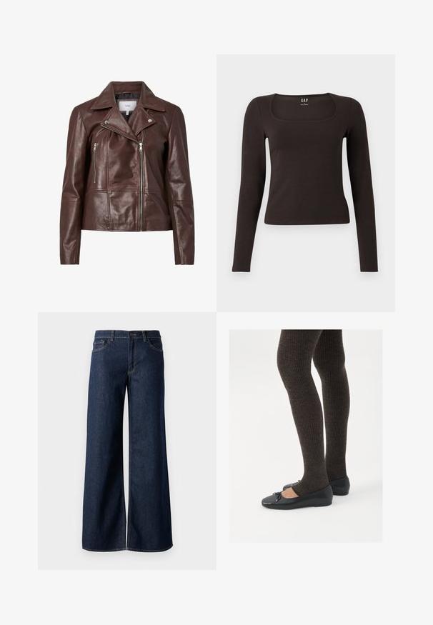 Pruun nahast mootorrattajakk, millel on lõigatud kaelus, kaks tõmblukuga esikotti ja sobiv disain. Sile tekstuur minimaalse riistvaraga.; Must musta, sobiv ülikond, neljakandiline kaelus, sildiga GAP, valge tausta peal.; Laiad teksad tumesinises denimis. Omab kontrastõmblusi, viit taskut ja nupukinnitust vööl. Sile tekstuur.; Mustad mustad kingad väikese teksaga varvaste juures, koos tumedate pruunide ribakangastega. Kingadel on sile tekstuur ja madal profiil.