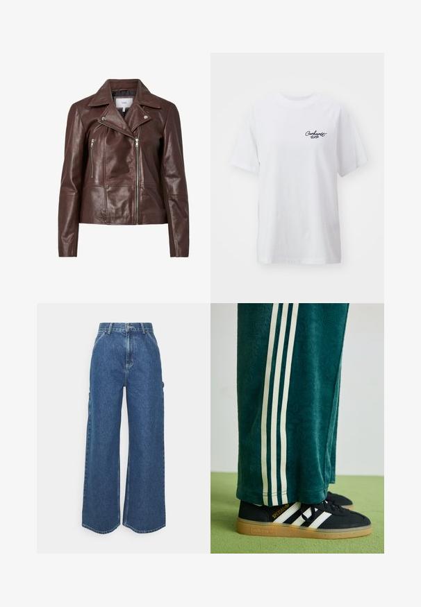 Brun lærjakke til motorsykkel med notch-krage, to glidelåslommer foran, og en tettsittende design. Glatt tekstur med minimal maskinvare.; Hvit bomull T-skjorte med avslappet passform. Har korte ermer og en liten svart "Carhartt WIP" logo på venstre bryst.; Videbeinete blå denimbukser med høy midje, kontraststing, og sidelommer, med et klassisk fem-lommers design og rå kanter.; Grønne teksturerte bukser med hvite sidelister, kombinert med sorte Adidas-sneakers med tre hvite striper og en gummisåle.
