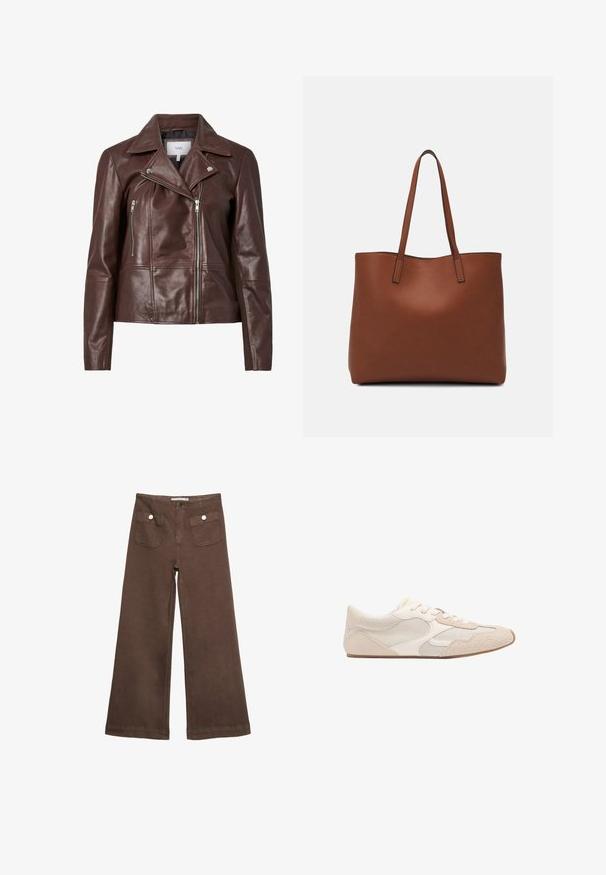 Brun lädermotorcykeljacka med notch-krage, två fickor framtill med dragkedja och figurnära design. Slät textur med minimal hårdvara.; Brun kortärmad t-shirt i mjukt tyg, med rund halsringning och avslappnad passform. Inga synliga mönster eller detaljer.; Bruna vida byxor i bomull med två framfickor med silverknappar och en slät yta.; Beige sneaker som kombinerar mesh och mocka, med rundad tå, snörning framtill och en flat gummisula.; Brun läder tote-väska med en slät textur, öppen toppdesign och två axelremmar. Har minimal söm och ingen synlig metalldetalj.