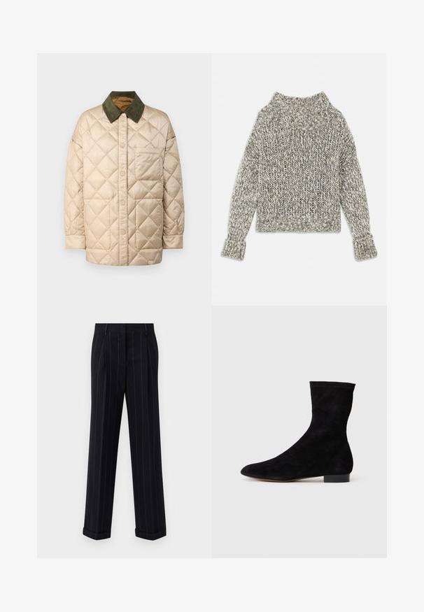 MAX&Co. LORIANA - Lahka jakna - beige/brown; Pulover iz debelega pletenja v kremnih in sivih odtenkih. Ima širok rebrast ovratnik in manšete, s kvadratno obliko in teksturiranim vzorcem po celotni dolžini.; Črne hlače s pinstripes vzorcem in prilagojenim krojem, opremljene z manšetnim robom in sprednjimi pregibi. Narejene iz gladkega materiala z ustrezno strukturo.; Črne semiš gležnjarje z oblikovanim zgornjim delom, koničastim nosom in nizko blok peto. Gladka textura in minimalističen dizajn, primerna za vsestransko stiliziranje.