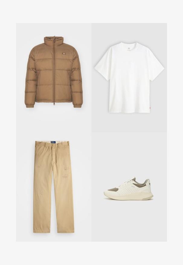 Rudas pūkinis švarkas su aukštu apykaklę, užtrauktuku priekyje ir elastinėmis rankovių gumomis. Yra horizontalūs siuvinėti skyriai ir mažas logotipas ant krūtinės.; Baltas trumpas rankovės marškinėlis, pagamintas iš medvilnės, su apvalia iškirpte. Priekyje yra subtilus iškilus logotipas ir raudonas etiketas ant apačios.; Braški medvilniniai kelnės su tiesiu kirpimu. Priekyje yra dėvėti priežiūros elementai ir siuvinėjimo detalės. Klasikinis mygtuko ir užtrauktuko uždarymas.; Baltas ir šviesiai bežinis sportinis kedas, su tinklo viršumi, perforuotais detalėmis ir tekstūruotu tarpine su logotipu ant kulno.