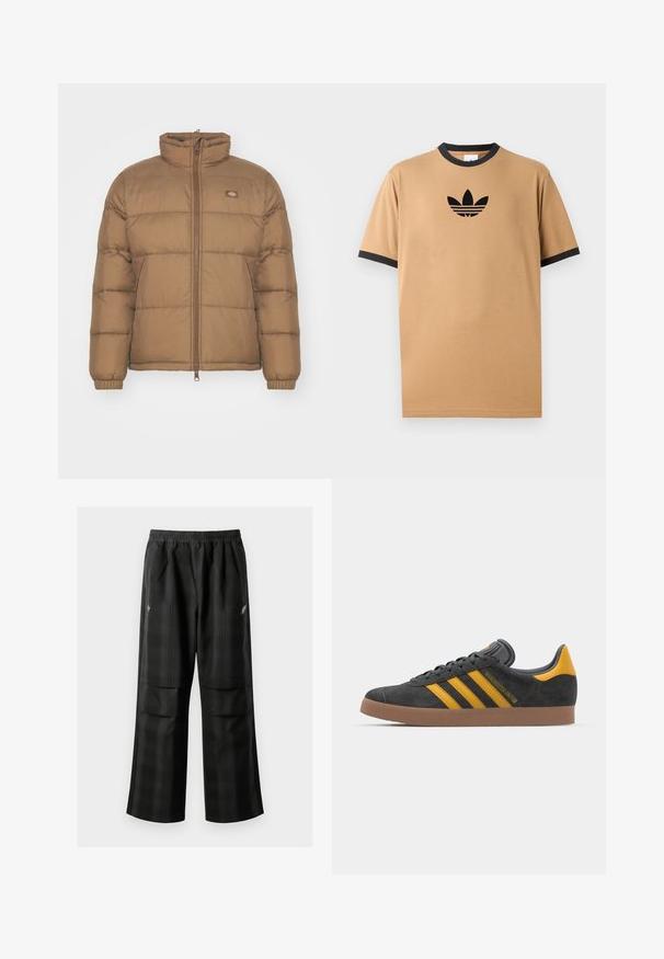 Brązowa kurtka puchowa z wysokim kołnierzem, zapinana na zamek, z elastycznymi mankietami. Ma poziome pikowane sekcje oraz małe logo na klatce piersiowej.; Beżowa bawełniana koszulka z czarnym ribem przy okrągłym dekolcie i mankietach. Posiada czarne logo Adidasa z trzema paskami poniżej logo na klatce piersiowej.; Czarne spodnie w kratę z elastycznym pasem, dwoma przednimi kieszeniami i luźnym krojem ze prostymi nogawkami. Wykonane z lekkiego materiału.; Czarne zamszowe sneakersy z żółtymi akcentami, z trzema paskami i brązową gumową podeszwą. Posiadają wyściełany język dla większego komfortu.
