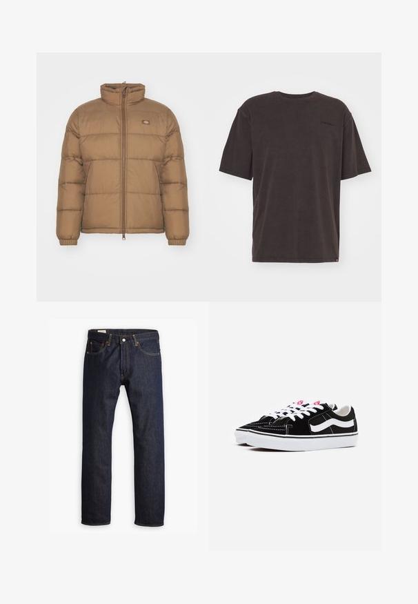 Giubbotto imbottito marrone con colletto alto, chiusura con zip frontale e polsini elasticizzati. Presenta sezioni a gessato orizzontale e un piccolo logo sul petto.; T-shirt di cotone grigio scuro con colletto a giro, maniche corte e dettaglio del logo in alto a sinistra. Tessuto morbido con una vestibilità rilassata.; Jeans in denim blu scuro con un design a gamba dritta, cuciture arancioni e stile a cinque tasche con chiusura a bottone metallico.; Sneaker in suede nera con lacci bianchi, dotate di una marcata striscia laterale bianca e suola in gomma nera, che mette in evidenza dettagli di cucitura a contrasto.