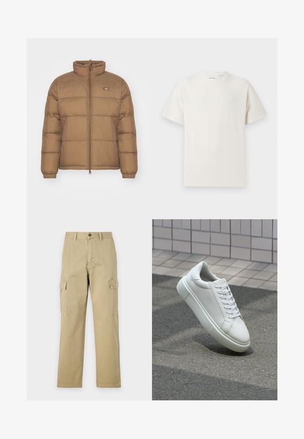 Barna puffjacke magas gallérral, cipzáros elülső résszel és rugalmas mandzsettákkal. Vízszintes steppelt részekkel rendelkezik, és egy kis logó található a mellrészen.; Fehér, rövid ujjú póló bordázott textúrával. Kerek nyakkivágás, laza szabás, nincs látható minta vagy díszítés. Egyszerű és sokoldalú dizájn.; Beige vászon cargo nadrág, két oldalsó zsebbel, gombos záródással, egyenes lábakkal és enyhén texturált anyagból készült.; Fehér bőr sportcipő sima felülettel, kerek orral és lapos fehér fűzőkkel. Texturált gumitalppal és minimális dizájnelemekkel rendelkezik.