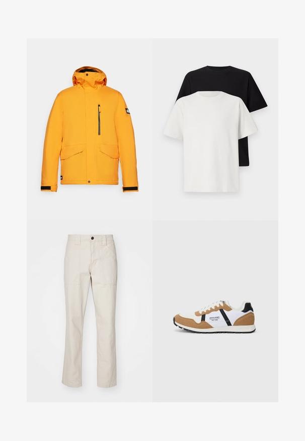 Ryškiai oranžinė izoliuota striukė su gobtuvu, užtrauktuku užsegama krūtinės kišenė, dvi didelės priekinės kišenės ir juodi akcentai ant rankovių bei apvado.; Medvilniniai marškiniai, kuriuos sudaro juodas ir baltas marškinėliai, abu su trumpomis rankovėmis, apvaliu iškirpimu ir standartiniu sijonu. Tekstūruota medžiaga.; Smėlio spalvos medvilninės kelnės su tiesiu sijonu, turinčios dvi priekinės kišenes, vieną mygtuką ir matomus siuvimo akcentus.; Retro stiliaus sportbačiai su balta, tan zomša, juodais akcentais, baltais raišteliais ir "Jack & Jones EST. 1990" logotipu šone.