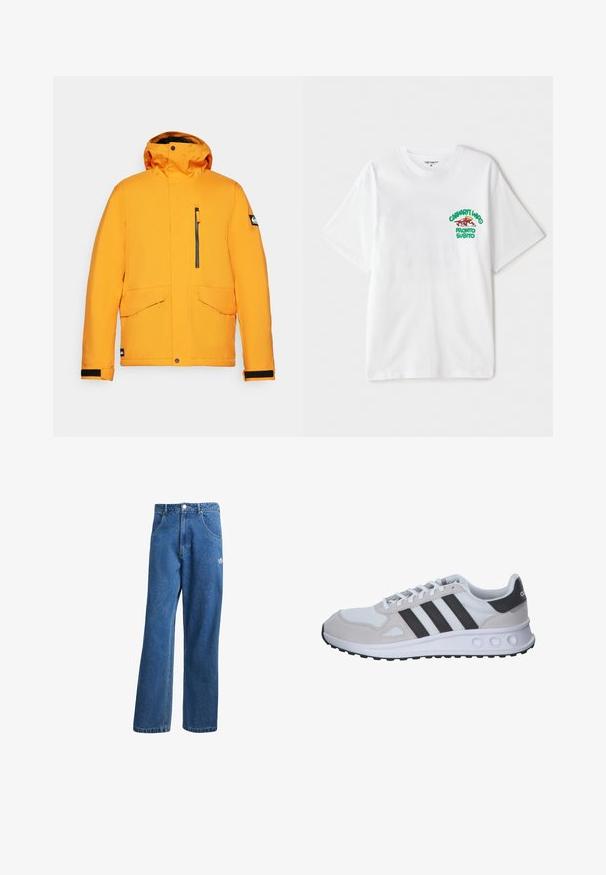 Helles orange isoliertes Jacket mit Kapuze, Reißverschluss-Brusttasche, zwei großen Fronttaschen und schwarzen Akzenten an den Ärmeln und am Saum.; Weißes Baumwoll-T-Shirt mit einem grünen und roten grafischen Text auf der linken Brust, der "cashart Who Pronto Subito" liest. Kurze Ärmel.; Blaue hohe, weite Jeans mit Fronttaschen, Gürtelschlaufen, Knopfverschluss und kleinem Adidas-Logo am rechten Oberschenkel.; Graues und weißes Sportschuh-Modell mit einem Mesh-Obermaterial, Wildlederakzenten, drei schwarzen Streifen und einer strukturierten Gummisohle mit runden Aussparungen.