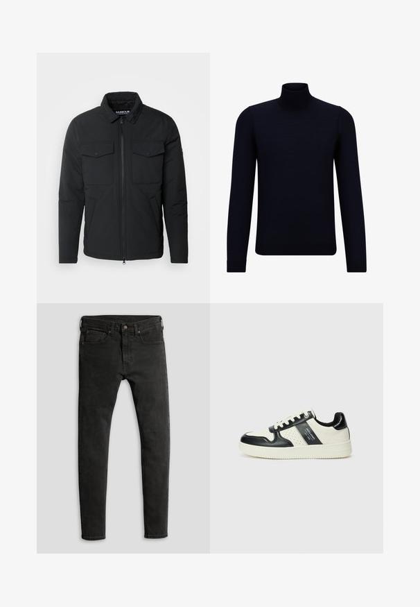 Black padded jacket with a collared neck, front zip closure, two chest pockets, and side pockets; smooth texture, minimalist design.; Dark navy turtleneck sweater made of fine knit fabric, featuring long sleeves and a fitted, high neckline. No visible patterns or accents.; Skinny black denim jeans with a matte finish, five-pocket design, and a classic button-and-zip fly closure.; Leather sneakers with a black and cream color scheme, featuring perforated accents, a padded collar, and a textured outsole.