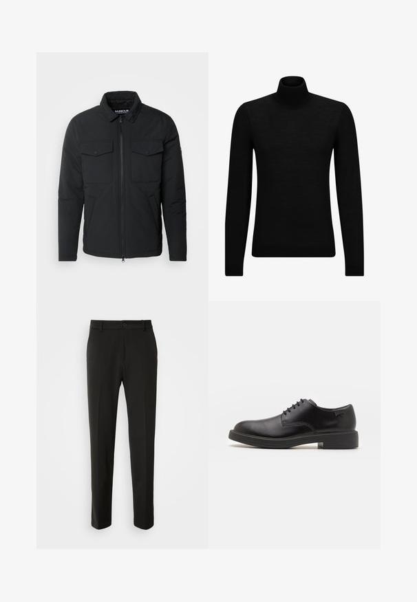 Černá zateplená bunda s límcem, předním zipem, dvěma náprsními kapsami a bočními kapsami; hladká textura, minimalistický design.; Černý rolák vyrobený z měkkého materiálu, s dlouhými rukávy a těsným střihem. Hladký lem na spodním okraji a manžetách. Jednoduchý design.; Černé kalhoty vyrobené z hladkého materiálu, s rovnými nohavicemi, zapínáním na knoflík a klasickým designem vhodným pro formální i neformální nošení.; Černé kožené šněrovací boty s kulatou špičkou, hladkým povrchem, minimálním prošíváním a nízkým gumovým podpatkem. Logo na patě.