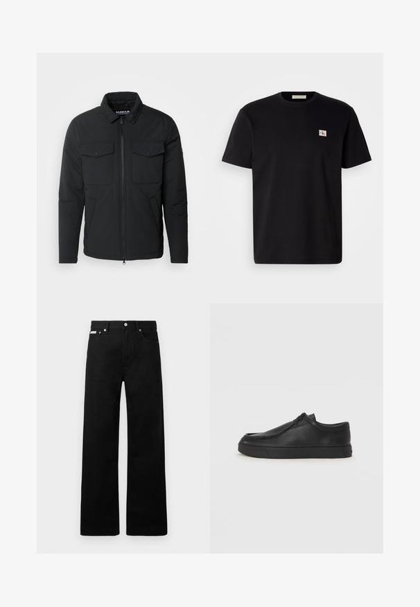 Czarna pikowana kurtka z kołnierzem, z przodu na zamek błyskawiczny, z dwiema kieszeniami na piersi oraz kieszeniami bocznymi; gładka tekstura, minimalistyczny design.; Czarny bawełniany t-shirt z krótkim rękawem, okrągłym dekoltem i małym haftowanym logo po lewej stronie klatki piersiowej. Gładka tekstura, regularny krój.; Czarne dżinsowe spodnie o szerokim kroju, z pięcioma kieszeniami i metalowymi guzikami. Gładka tekstura, bez widocznych wzorów.; Czarne skórzane buty wsuwane z okrągłym noskiem, przeszyciami i czarną gumową podeszwą. Gładka faktura z minimalistycznym wzornictwem.