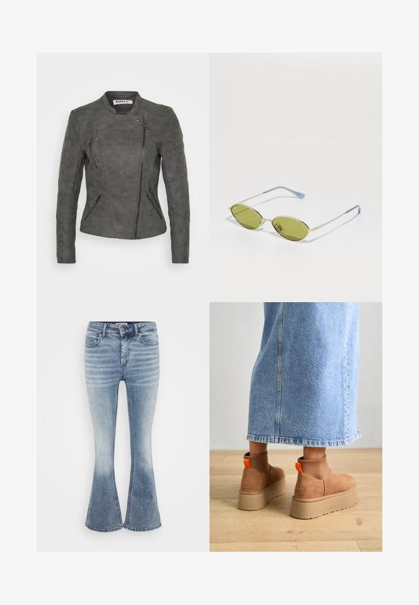 Grå semsket skinnjakke med en tettsittende silhuett, asymmetrisk glidelås og flere glidelåslommer for oppbevaring.; Even&Odd Petite 2 PACK - Topper - light grey/black; Lys blå flare jeans laget av denim, med et klassisk fem-lomme design, front glidelås og subtile falminger langs lårene.; Brune semska plattformstøvler med elastiske sidepaneler og orange rekkehalser, parret med en knelange lys denimskjørt på et tregulv.; Olivengrønne solbriller med en tynd guldramme og blå accenter på stængerne. Ovale linser og minimalistisk design.