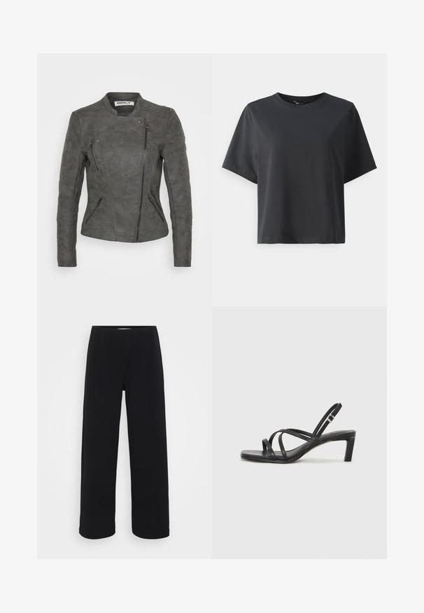 Grå semsket skinnjakke med en tettsittende silhuett, asymmetrisk glidelås og flere glidelåslommer for oppbevaring.; Svart bomull T-skjorte, korte ermer, rund hals, avslappet passform, jevn tekstur, enkel design, ingen mønstre eller aksenter.; Svart bukser med vid benvidde og elastisk midjebånd. Laget av et strukturert materiale, med en løs passform og rett snitt fra hoftene til sømmen.; Sorte sandaler med stropper, firkantet tå og lav blokk hæl. Har flere tynne stropper og en justerbar ankelstropp. Laget av glatt lær.