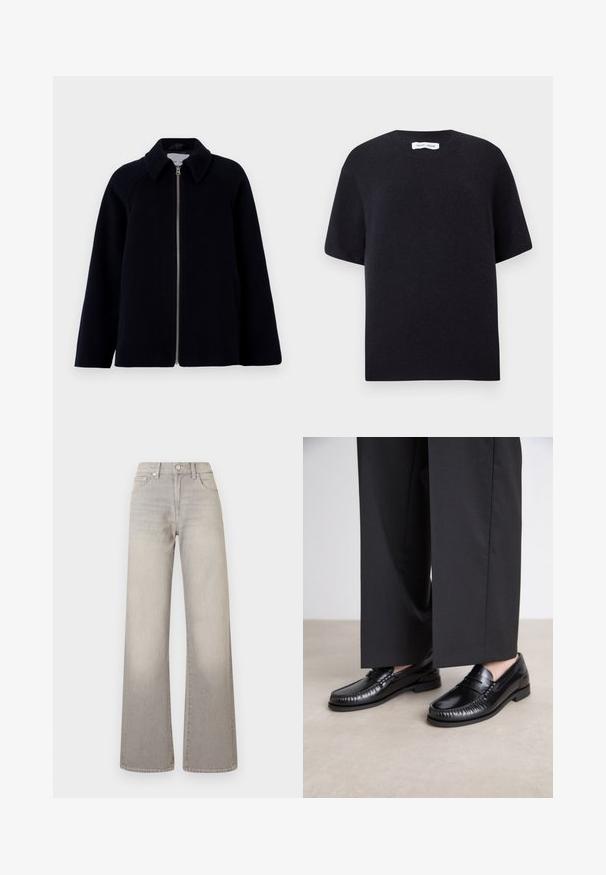 Samsøe Samsøe ALMA JACKET  - Korte frakker - salute; Sort strikket sweater med korte ærmer, rund halsudskæring og ribbet kant. Glat tekstur med en afslappet pasform. Minimalistisk design.; Grå vide ben jeans med en falmet finish, knaplukning, fem-lomme design og syede detaljer langs sømmene.; Sorte læder loafers med en glat finish, syet detaljering omkring tæerne og en lav gummisål. Sammen med brede sorte bukser.
