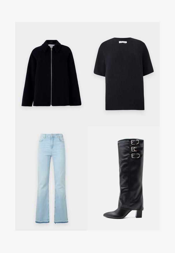 Samsøe Samsøe ALMA JACKET  - Puspaltis - salute; Juodas megztinis trumpomis rankovėmis su apvaliu iškirpimu ir nendriniu kraštu. Sklandžias tekstūra ir laisvas kirpimas. Minimalistinis dizainas.; Šviesiai mėlyni, platėjantys džinsai pagaminti iš denimo, su aukštu juosmeniu, priekinėmis kišenėmis ir nelygiais apačiais, suteikiančiais kasdišką išvaizdą.; Juodos aukštos batai iki kelių, pagaminti iš lygios dirbtinės odos, su smailiu nosiu, šone turintys tris sidabrinius sagtis ir masyviu kulnu.