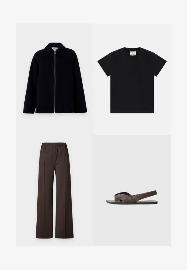 Samsøe Samsøe ALMA JACKET  - Short coat - salute; Black short-sleeve crew neck t-shirt with a white tag inside the collar labeled "D.R.C. EST. 2002" on a white background.; Wide-leg trousers in dark brown fabric with an elastic waistband, featuring a smooth texture and clean lines for a tailored look.; Brown leather sandal with a cross-strap design, flat black sole, and adjustable back strap. Smooth texture and minimal hardware details.