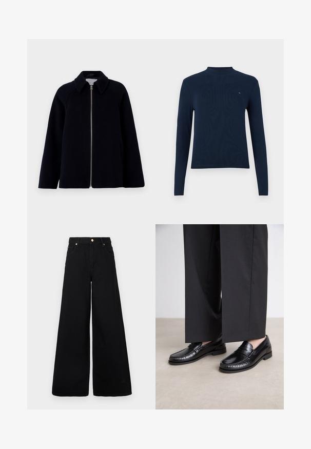 Samsøe Samsøe ALMA JACKET  - Kurzmantel - salute; Marineblaues langärmliges Rollkragenshirt mit gerippter Textur, das ein kleines Logo auf der Brust trägt, mit einem figurbetonten Design und Rundhalsausschnitt.; Schwarze, weit geschnittene Jeans aus Denim mit hoher Taille, zwei vorderen Taschen und goldenen Hardware-Akzenten am Taillenbund.; Schwarze Lederloafers mit glatter Oberfläche, genähten Details um die Zehen und einer niedrigen Gummisohle. Kombiniert mit weiten schwarzen Hosen.