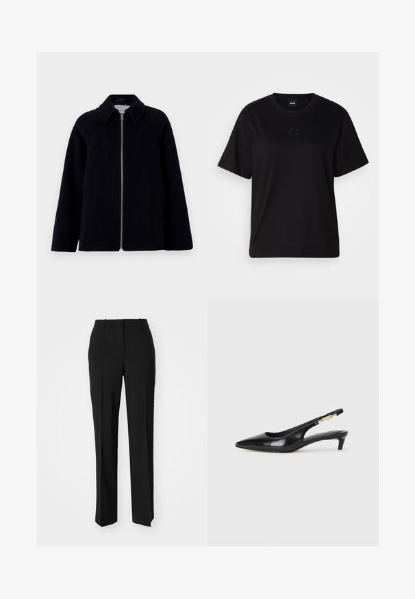 Samsøe Samsøe ALMA JACKET - Halflange jas - salute; Zwarte katoenen t-shirt met een ronde hals, korte mouwen en een geborduurd logo op de borst. Eenvoudige, comfortabele pasvorm zonder patronen.; Zwarte op maat gemaakte broek met een recht model, voorzien van een soepele textuur en scherpe plooien aan de voorkant. Geen zichtbare hardware.; Zwarte leren slingback hakken met een spitse neus, voorzien van een slanke hak en een goudkleurige accent op de verstelbare band. Gladde textuur.