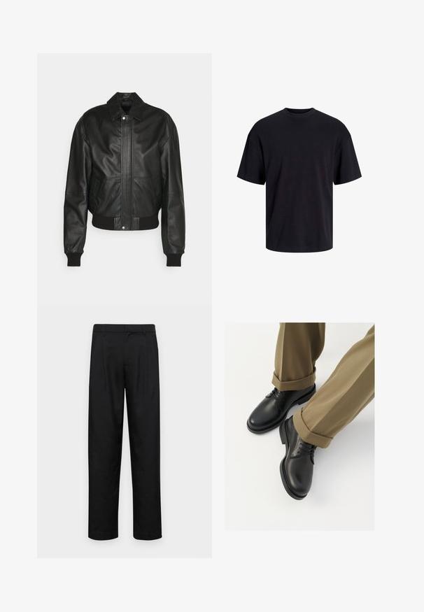 Svart läderbomberjacka med framdragkedja, stor krage, ribbade ärmslut och mudd. Har en slät yta och två sidofickor.; Svart bomullströja med rundad halsringning, korta ärmar och avslappnad passform. Slät textur utan synliga mönster eller detaljer.; Svarta byxor i slät väv, med rak ben-design, två framfickor och standardmidja med bälteshällor.; Svarta läderdressskor med en slät yta, med snören och rund tå, kombinerat med uppvikt khakibyxor.