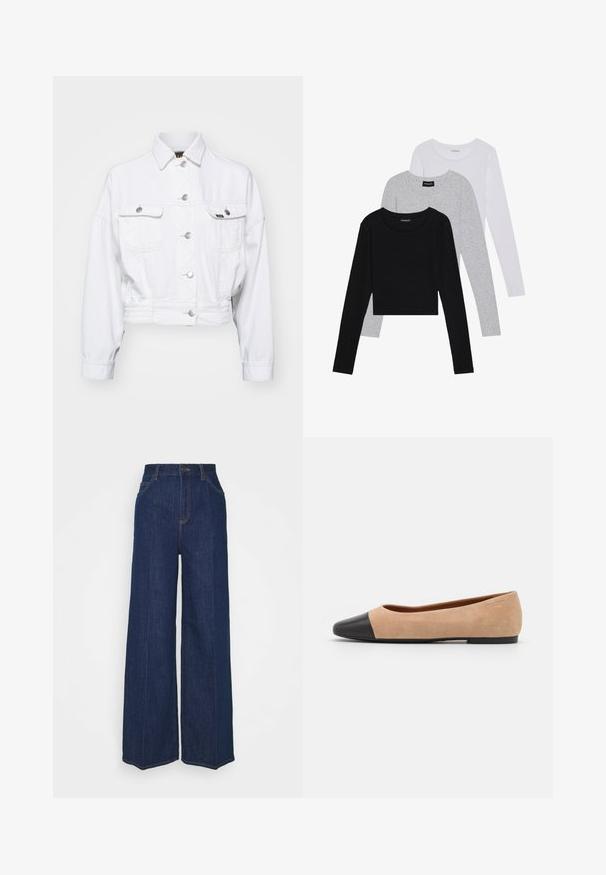 Bijela traper jakna skraćena s dugim rukavima, dva džepa na prsima, srebrnim gumbima i elastičnim rubom. Glatka tekstura s klasičnim dizajnom ovratnika.; Tri dugih rukava posložena: crna, siva i bijela. Svaka ima okrugli izrez i skrateni kroj s glatkom, laganom tkaninom.; Tamno plave traperice s visokim strukom i širokim nogavicama, s prednjim i stražnjim džepovima, zatvaračem na gumb i vidljivim detaljima šivanja.; Bež balerinke od suede materijala s crnim kožnim zaobljenim vrhom, niskom potpeticom i glatkom površinom, s minimalnim šavovima i čistim dizajnom.