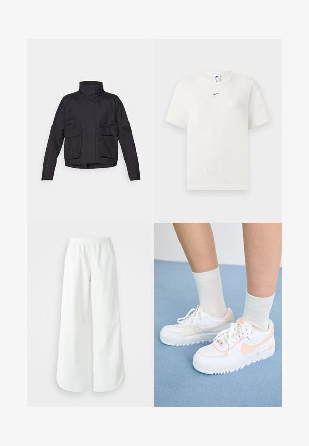 Veste noire cropped avec un col haut, deux poches avant et un tissu lisse et léger. Design minimaliste sans fermetures visibles.; T-shirt blanc à côtes avec un col rond et des manches courtes. Présente un petit logo Nike noir sur la poitrine. Tissu texturé avec une coupe ajustée.; Pantalons de sport larges blancs avec une taille côtelée et un discret logo. Tissu lisse avec une coupe décontractée et un bas effilé.; Baskets blanches avec des accents pêche, tige en cuir lisse, bout perforé, semelle texturée et lacets. Portées avec des chaussettes blanches à mi-mollet sur une surface bleue.