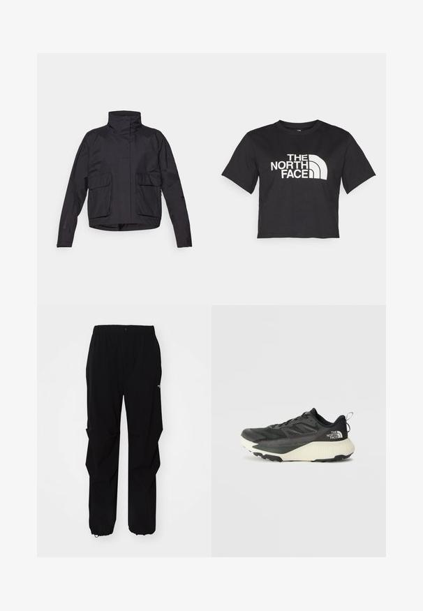 Schwarze cropped Jacke mit hohem Kragen, zwei vorderen Taschen und einem glatten, leichten Stoff. Minimalistisches Design ohne sichtbare Verschlüsse.; Schwarzes, tailliertes T-Shirt aus Baumwolle mit einem weißen Logo mit geschwungenen Akzenten und dem Text "THE NORTH FACE" auf der Vorderseite. Kurze Ärmel, Rundhalsausschnitt.; Schwarze Outdoor-Hosen aus langlebigem Material, mit lockerer Passform, elastischem Bund und verstellbaren Bündchen für variable Längen.; Schwarzer Sportschuh mit strukturiertem Obermaterial, ausgestattet mit grauen Akzenten und einer weißen Zwischensohle. Enthält eine Zuglasche und ein markantes Markenlogo an der Ferse.