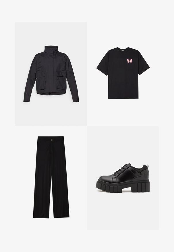 Black cropped jacket featuring a high collar, two front pockets, and a smooth, lightweight fabric. Minimalistic design with no visible closures.; Black cotton t-shirt with short sleeves, featuring a small pink butterfly graphic on the left chest. Crew neck design with a relaxed fit.; Wide-leg black trousers made of a smooth fabric, featuring front pockets and a button closure at the waist. Minimalist design with no patterns.; Black leather platform shoes with a chunky block heel, round toe, and traditional lace-up design. Features smooth texture and minimal detailing.