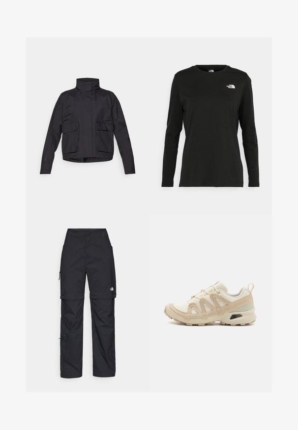 Černá zkrácená bunda s vysokým límcem, dvěma předními kapsami a hladkým, lehkým materiálem. Minimalistický design bez viditelných zapínání.; Černé tričko s dlouhým rukávem vyrobené z bavlny s kulatým výstřihem. Na levé části hrudi se nachází malé bílé logo. Jednoduchý design a střih.; Černé nylonové cargo kalhoty na zip s nastavitelnými manžetami, několika kapsami a logem na pravé noze. Hladká, lehká textura.; Béžová a krémová sportovní obuv s texturovaným síťovaným svrškem, podpůrnými překryvy a gumovou podrážkou s dezénem pro lepší přilnavost.