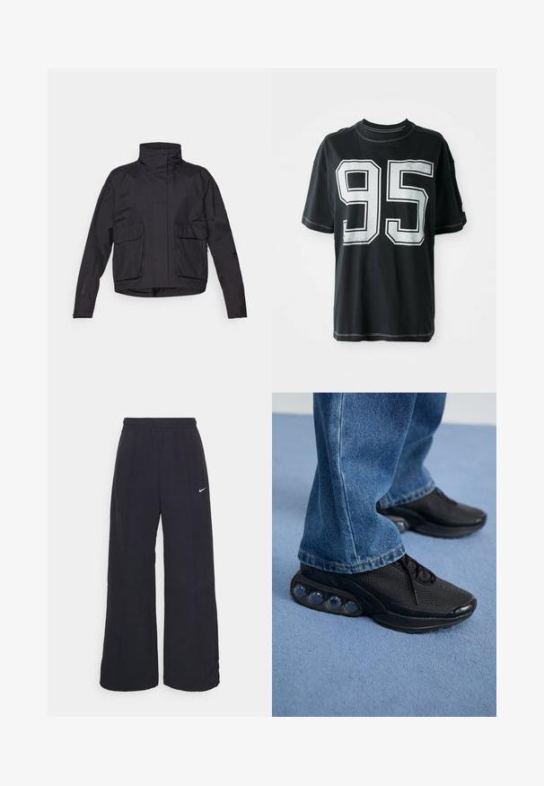 Veste noire cropped avec un col haut, deux poches avant et un tissu lisse et léger. Design minimaliste sans fermetures visibles.; T-shirt en coton noir à manches courtes, avec le numéro imprimé blanc "95" sur le devant et des coutures contrastantes le long des bords.; Pantalons larges noirs avec une taille élastique et un petit logo Nike blanc. Le tissu a une texture lisse, conçu pour le confort et un style décontracté.; Baskets de sport noires avec tige en mesh, accents texturés et poches de coussin d'air visibles dans la semelle. Portées avec un jean en denim bleu.