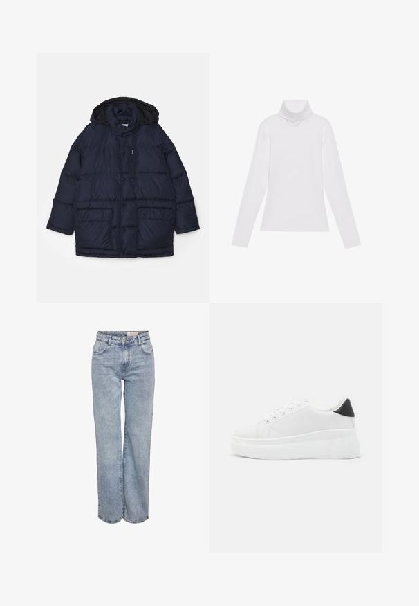 Marineblauwe pufferjack met een capuchon, drukknoopsluiting, zijzakken en een ritszak op de borst. Gemaakt van glad, geïsoleerd materiaal.; Witte lange mouw turtleneck top gemaakt van glad, elastisch materiaal. Voorzien van een hoge kraag en een getailleerd ontwerp, zonder zichtbare patronen of versieringen.; Lichtblauwe wijde jeans gemaakt van denim, met een hoge taille, vijf zakken en subtiele vervaging voor een versleten uitstraling.; Witte platform sneakers van glad synthetisch materiaal, met een afgeronde neus, vetersluiting en een gestructureerde rubberen zool. Zwarte hielaccent.