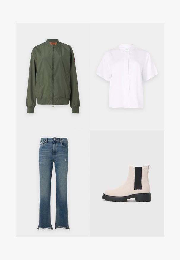 Green bomber jacket with a zipper front, ribbed cuffs and hem, side pockets, and a subtle sheen; features an orange interior.; Short-sleeved white shirt made from smooth fabric, featuring a pointed collar and a button placket with a green accent button.; Blue denim jeans with slight distressing, raw frayed hems, front pockets, belt loops, and a button closure.; Beige suede Chelsea boot with black elastic side panel, chunky black sole, and pull tab at ankle.