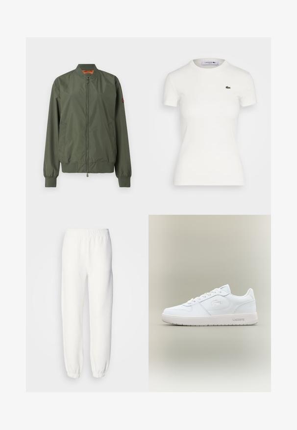 Green bomber jacket with a zipper front, ribbed cuffs and hem, side pockets, and a subtle sheen; features an orange interior.; White short-sleeve ribbed t-shirt with a round neckline and a small green Lacoste crocodile logo on the left chest. Smooth cotton fabric.; White sweatpants made of soft, knitted fabric. Elastic waistband and cuffs provide a relaxed fit. Minimalist design, no visible patterns or accents.; White leather sneaker with a smooth finish, round toe, lace-up design, and a subtle embossed logo on the side. Features a rubber sole.