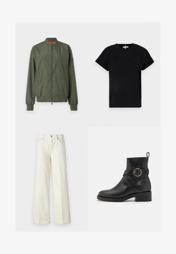 Veste bomber verte avec fermeture éclair à l'avant, poignets et ourlet côtelés, poches latérales et un léger brillant ; possède un intérieur orange.; T-shirt en coton noir avec des manches courtes roulées, ornée d'un logo en relief au centre et d'un petit accent drapeau sur le côté.; Jean blanc à jambes larges en tissu mélangé de coton. Caractéristiques : fermeture à glissière, format cinq poches et coutures le long des coutures.; BOSS IRYNA BOOTIE - Bottines à plateau - black